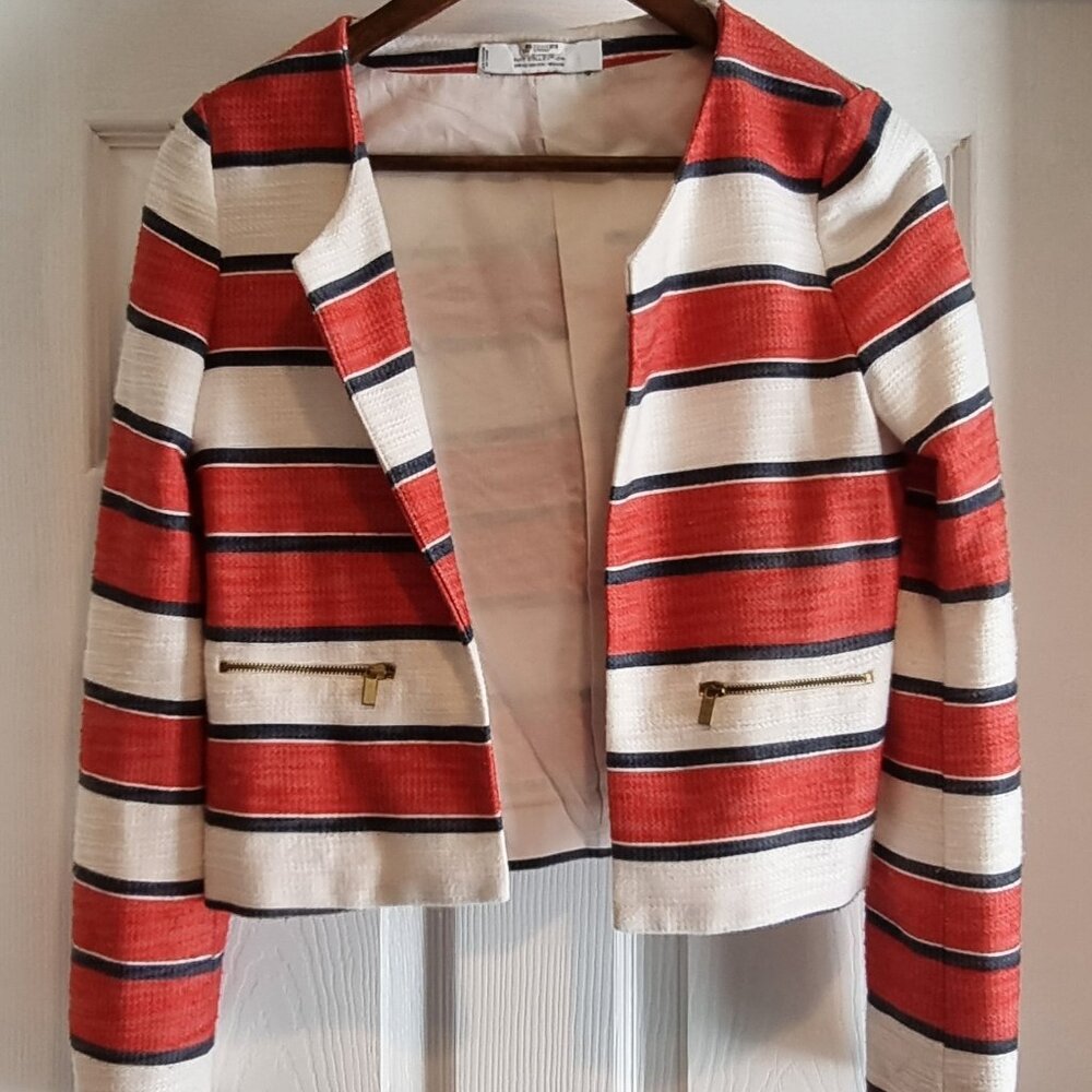 Mango red, white, and navy blue horizontal striped jacket